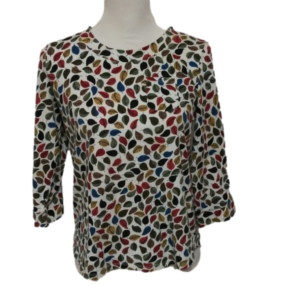Talbots Petite Multicolor Leaf Pattern Scoop Neck… - image 1
